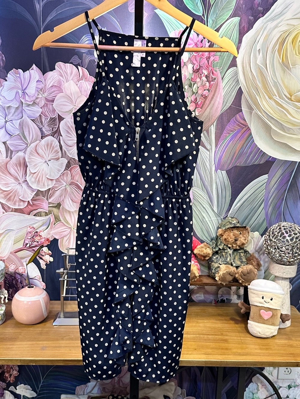 Alya S Mini Dress Polka Dot Ruffled Zip Front Navy Spaghetti Strap